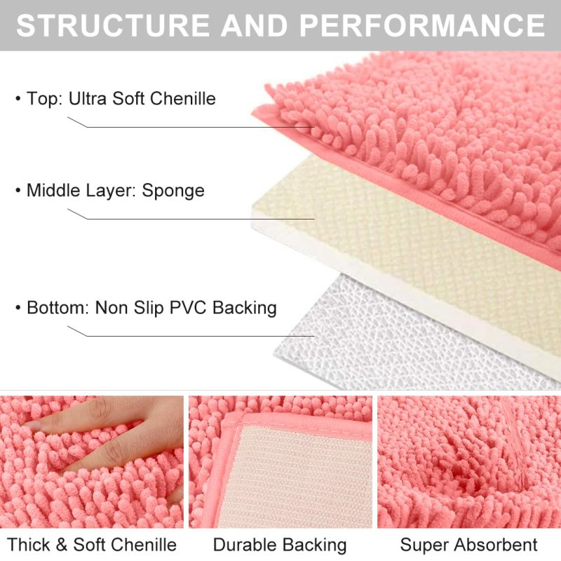 改vctops Orange Fall Plush Chenille Bath Rugs Extra Soft and Absorbent Microfiber Shag Rug, Non-Slip Runner Carpet for Tub Bathroom Shower Mat Orange 16" X 24"