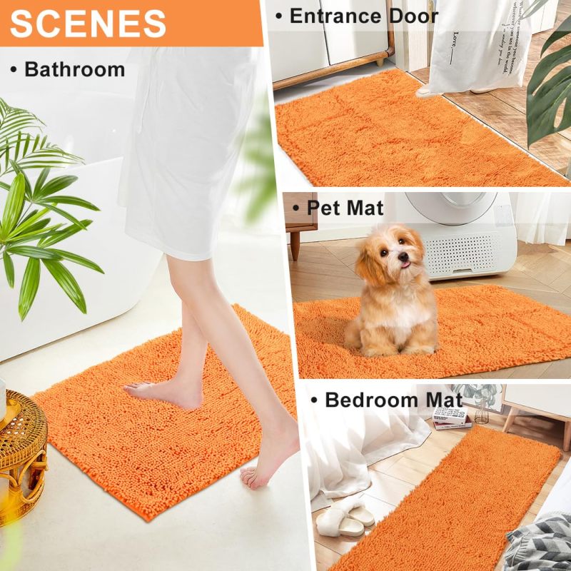 Orange Fall Plush Chenille Bath Rugs Extra Soft and Absorbent Microfiber Shag Rug, Non-Slip Runner Carpet for Tub Bathroom Shower Mat