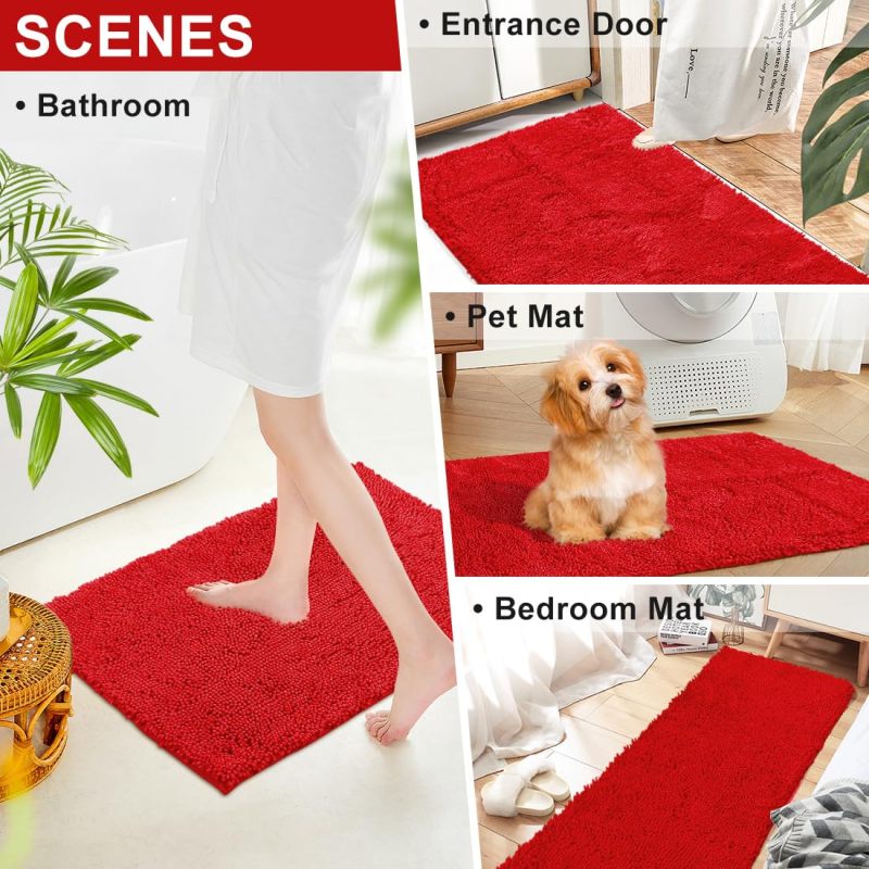 Orange Fall Plush Chenille Bath Rugs Extra Soft and Absorbent Microfiber Shag Rug, Non-Slip Runner Carpet for Tub Bathroom Shower Mat