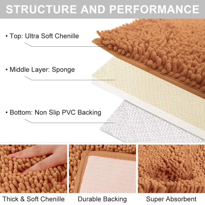 Orange Fall Plush Chenille Bath Rugs Extra Soft and Absorbent Microfiber Shag Rug, Non-Slip Runner Carpet for Tub Bathroom Shower Mat