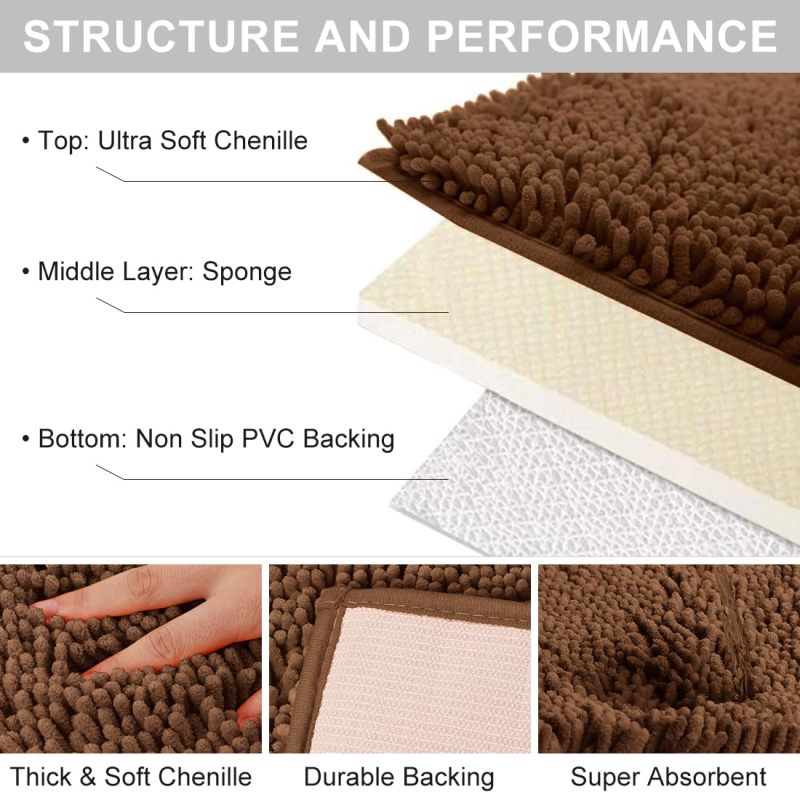 Orange Fall Plush Chenille Bath Rugs Extra Soft and Absorbent Microfiber Shag Rug, Non-Slip Runner Carpet for Tub Bathroom Shower Mat