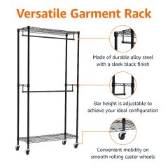 改Amazon Basics Adjustable Clothes Rack for Handing, Double Hanging Rod Garment Rolling Closet Clothing Organizer, Chrome, 36'' x 14'' x 72''