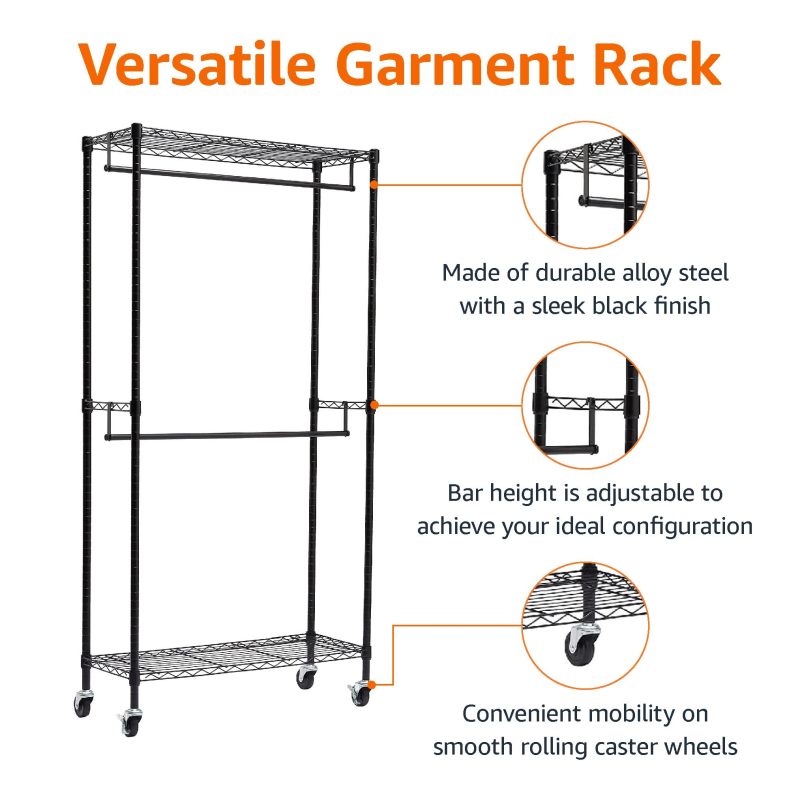 改Amazon Basics Adjustable Clothes Rack for Handing, Double Hanging Rod Garment Rolling Closet Clothing Organizer, Chrome, 36'' x 14'' x 72''