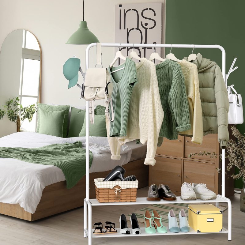 改Simple Houseware Garment Rack with Storage Shelves and Coat/Hat Hanging Hooks