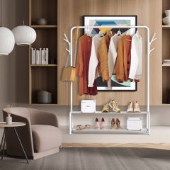 改Simple Houseware Garment Rack with Storage Shelves and Coat/Hat Hanging Hooks