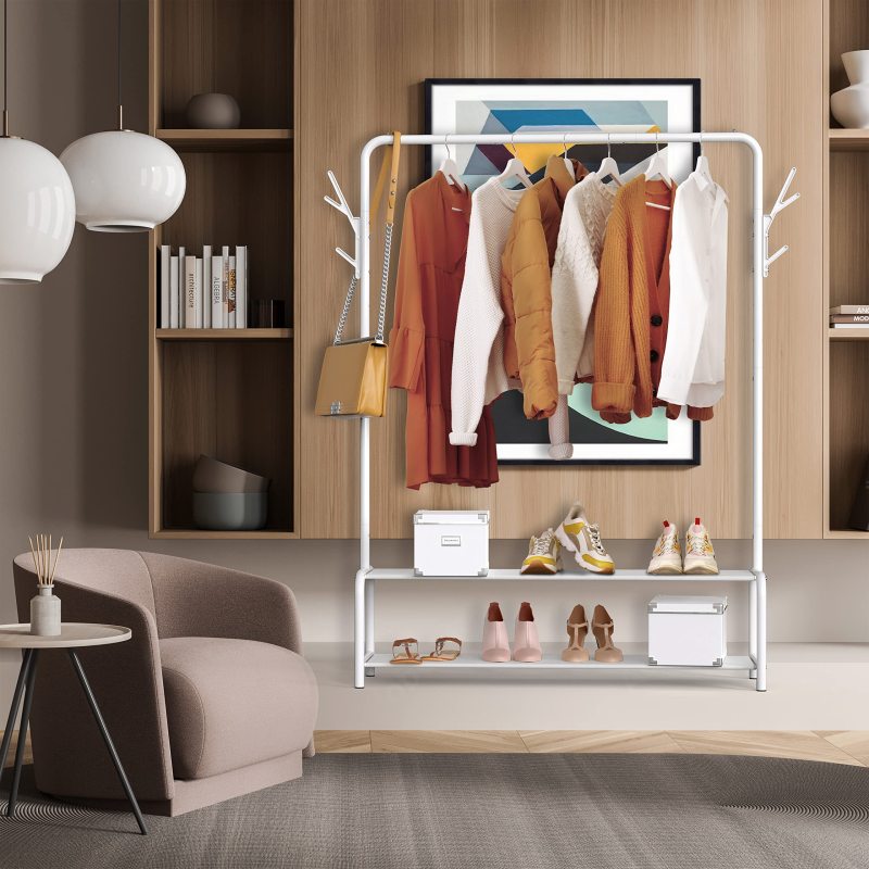 改Simple Houseware Garment Rack with Storage Shelves and Coat/Hat Hanging Hooks