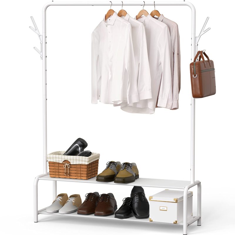 改Simple Houseware Garment Rack with Storage Shelves and Coat/Hat Hanging Hooks