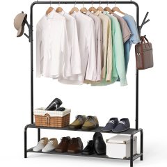 改Simple Houseware Garment Rack with Storage Shelves and Coat/Hat Hanging Hooks