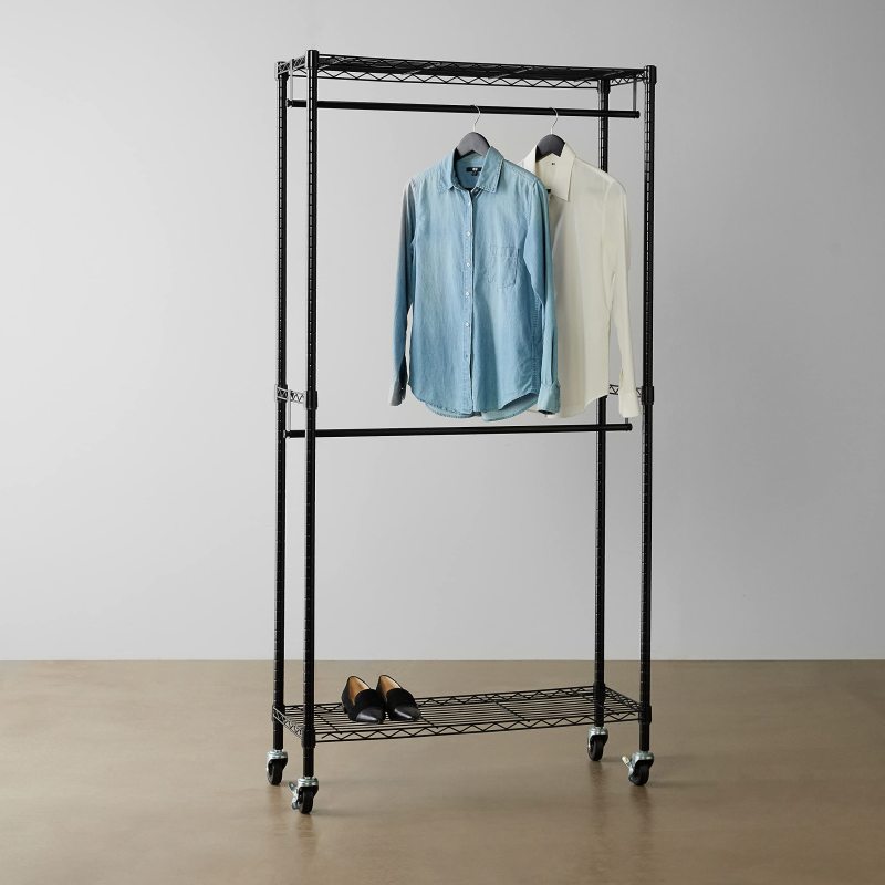 改Amazon Basics Adjustable Clothes Rack for Handing, Double Hanging Rod Garment Rolling Closet Clothing Organizer, Chrome, 36'' x 14'' x 72''