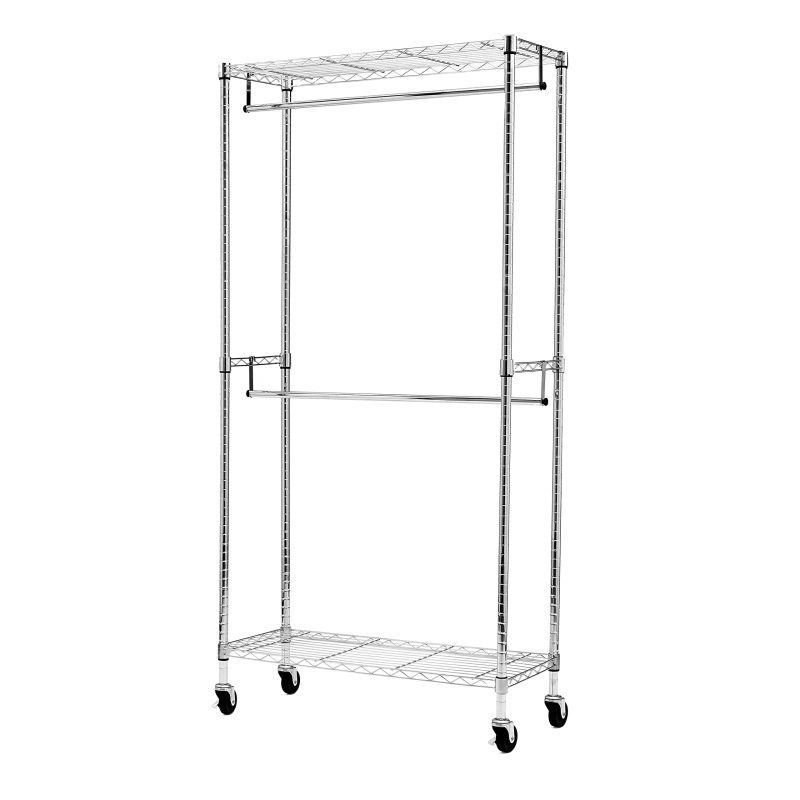 改Amazon Basics Adjustable Clothes Rack for Handing, Double Hanging Rod Garment Rolling Closet Clothing Organizer, Chrome, 36'' x 14'' x 72''