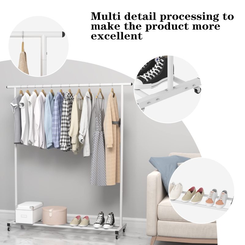 改Buzowruil Clothing Rack Clothes Rack Standard Rod Simple Rolling Metal Garment Rack Organizer Freestanding Hanger with Wheels,White