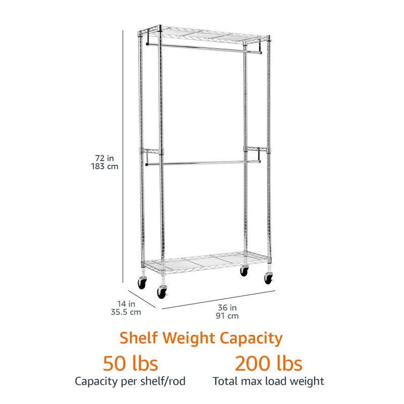 改Amazon Basics Adjustable Clothes Rack for Handing, Double Hanging Rod Garment Rolling Closet Clothing Organizer, Chrome, 36'' x 14'' x 72''