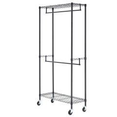 改Amazon Basics Adjustable Clothes Rack for Handing, Double Hanging Rod Garment Rolling Closet Clothing Organizer, Chrome, 36'' x 14'' x 72''