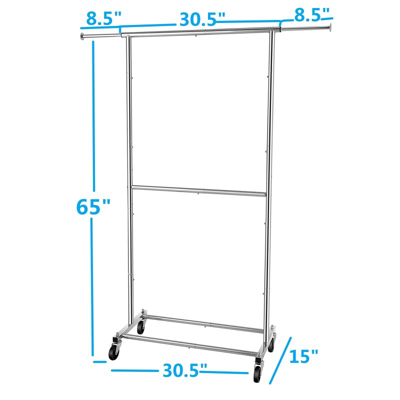 改Simple Trending Double Rod Clothing Garment Rack, Rolling Clothes Organizer on Wheels for Hanging Clothes, Chrome