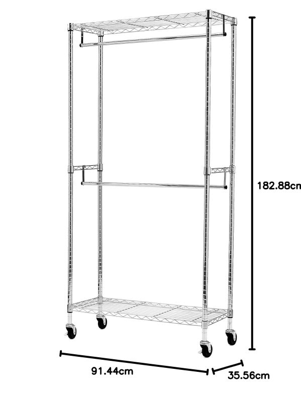 改Amazon Basics Adjustable Clothes Rack for Handing, Double Hanging Rod Garment Rolling Closet Clothing Organizer, Chrome, 36'' x 14'' x 72''