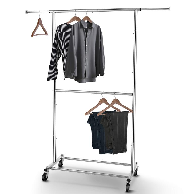 改Simple Trending Double Rod Clothing Garment Rack, Rolling Clothes Organizer on Wheels for Hanging Clothes, Chrome