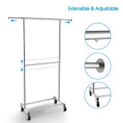 改Simple Trending Double Rod Clothing Garment Rack, Rolling Clothes Organizer on Wheels for Hanging Clothes, Chrome