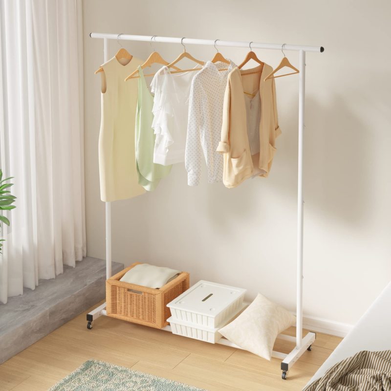 改Buzowruil Clothing Rack Clothes Rack Standard Rod Simple Rolling Metal Garment Rack Organizer Freestanding Hanger with Wheels,White