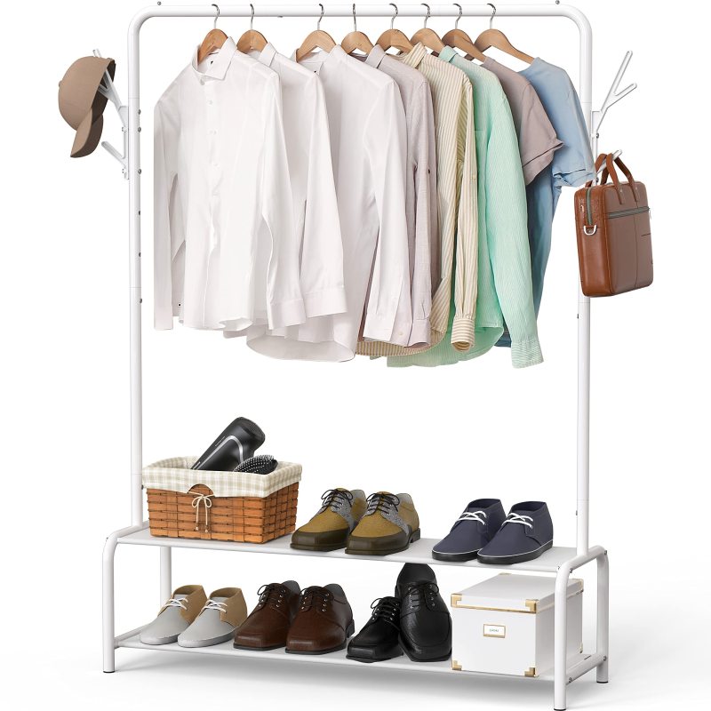 改Simple Houseware Garment Rack with Storage Shelves and Coat/Hat Hanging Hooks