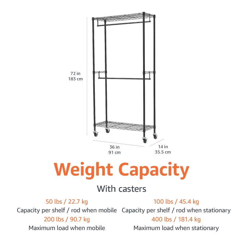 改Amazon Basics Adjustable Clothes Rack for Handing, Double Hanging Rod Garment Rolling Closet Clothing Organizer, Chrome, 36'' x 14'' x 72''