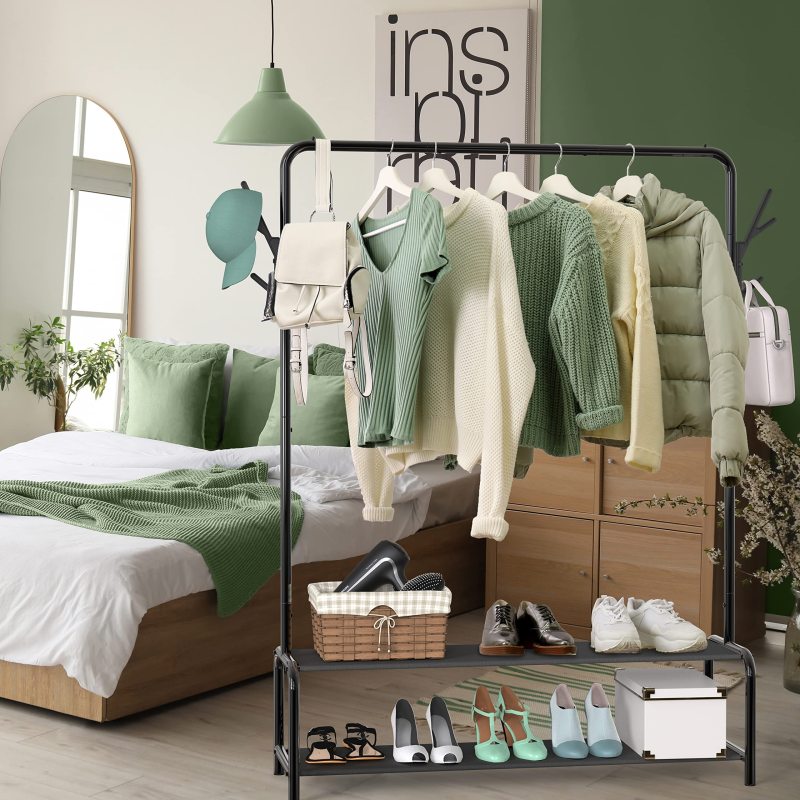 改Simple Houseware Garment Rack with Storage Shelves and Coat/Hat Hanging Hooks