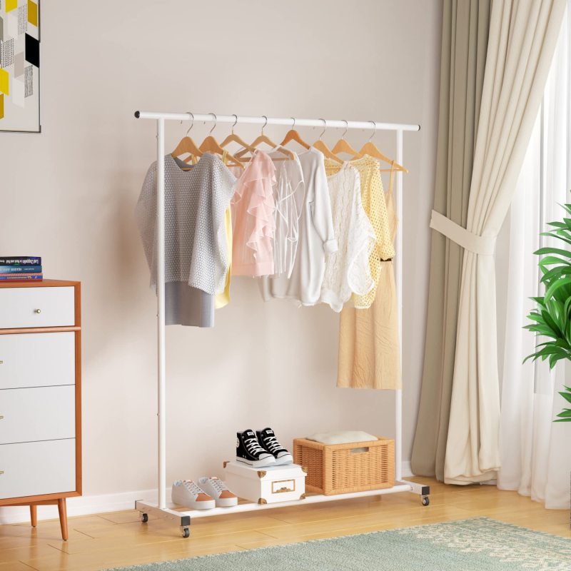 改Buzowruil Clothing Rack Clothes Rack Standard Rod Simple Rolling Metal Garment Rack Organizer Freestanding Hanger with Wheels,White