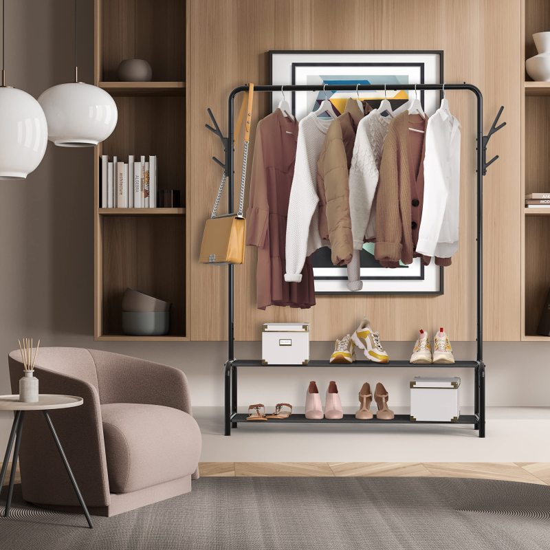 改Simple Houseware Garment Rack with Storage Shelves and Coat/Hat Hanging Hooks