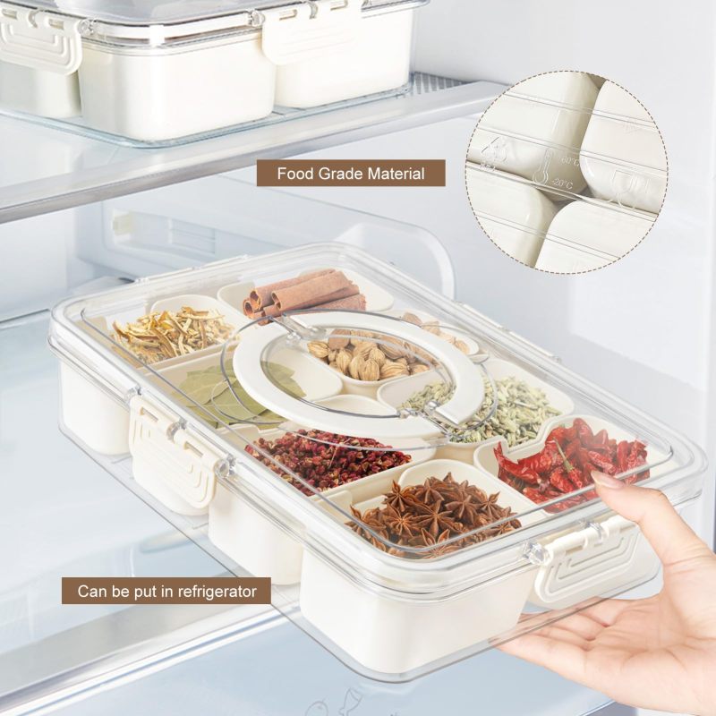 改Divided Snackle Box Charcuterie Container: Divided Serving Tray with Lid and Handle - Portable Snack Tray Platters Food Storage Containers for Fruit Nuts Candy Entertaining Party Travel
