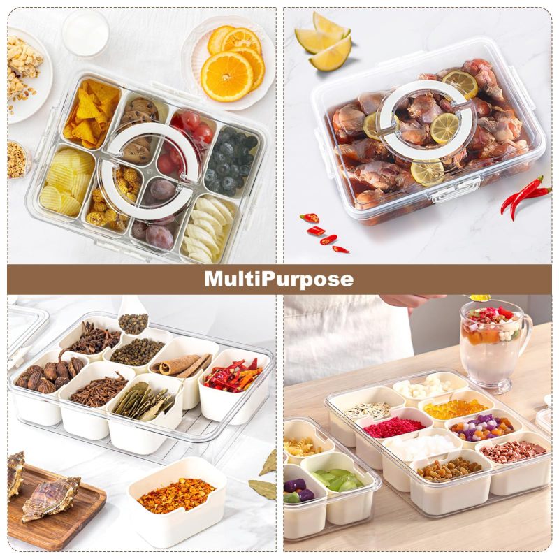 改Divided Snackle Box Charcuterie Container: Divided Serving Tray with Lid and Handle - Portable Snack Tray Platters Food Storage Containers for Fruit Nuts Candy Entertaining Party Travel