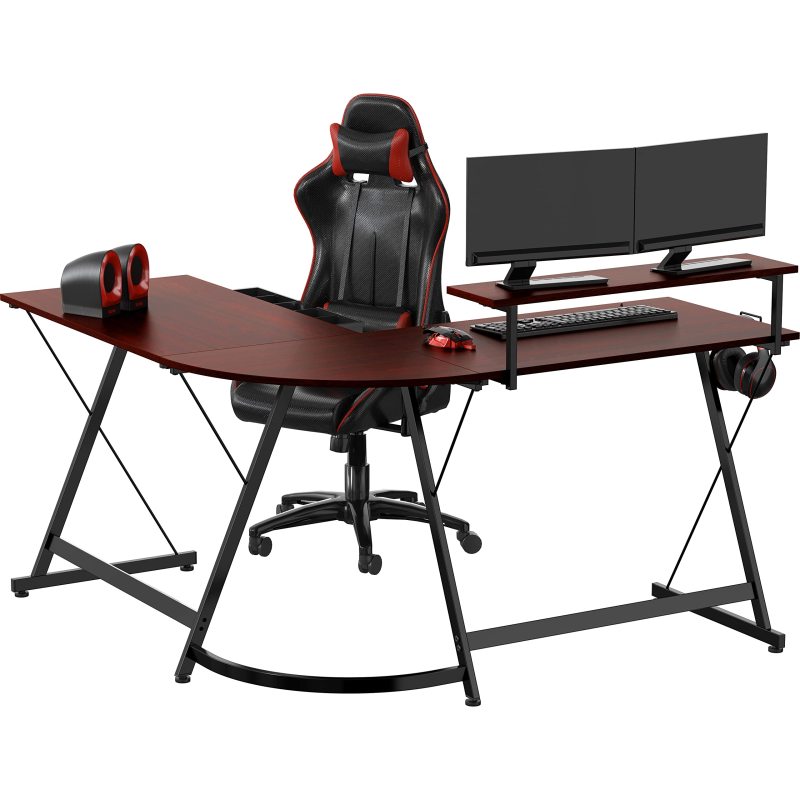 改SHW Vista L-Shape Desk with Monitor Stand, Black