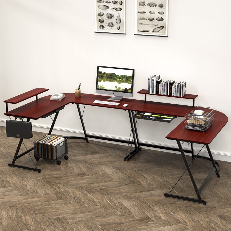 改SHW Vista L-Shape Desk with Monitor Stand, Black