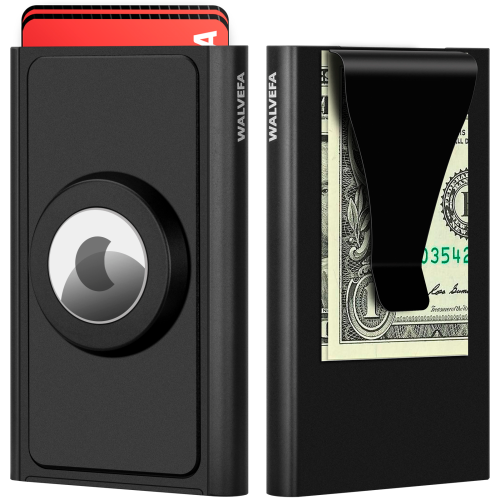 Aluminum AirTag Card Holder | Smart Wallets for Men | Apple Air Tag Card Holder with RFID Blocking Protective Layer | Slim & Minimalist Money Holder with Push Button for Quick Card Access (Black)