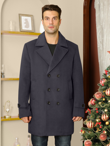 FLY Men's Winter Coat Wool Blend Trench Overcoat Casual Double Breasted Long Pea Topcoat