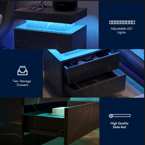 Nightstand LED Bedside Table Cabinet Lights Modern End Side with 2 Drawers for Bedroom (Black Gold)