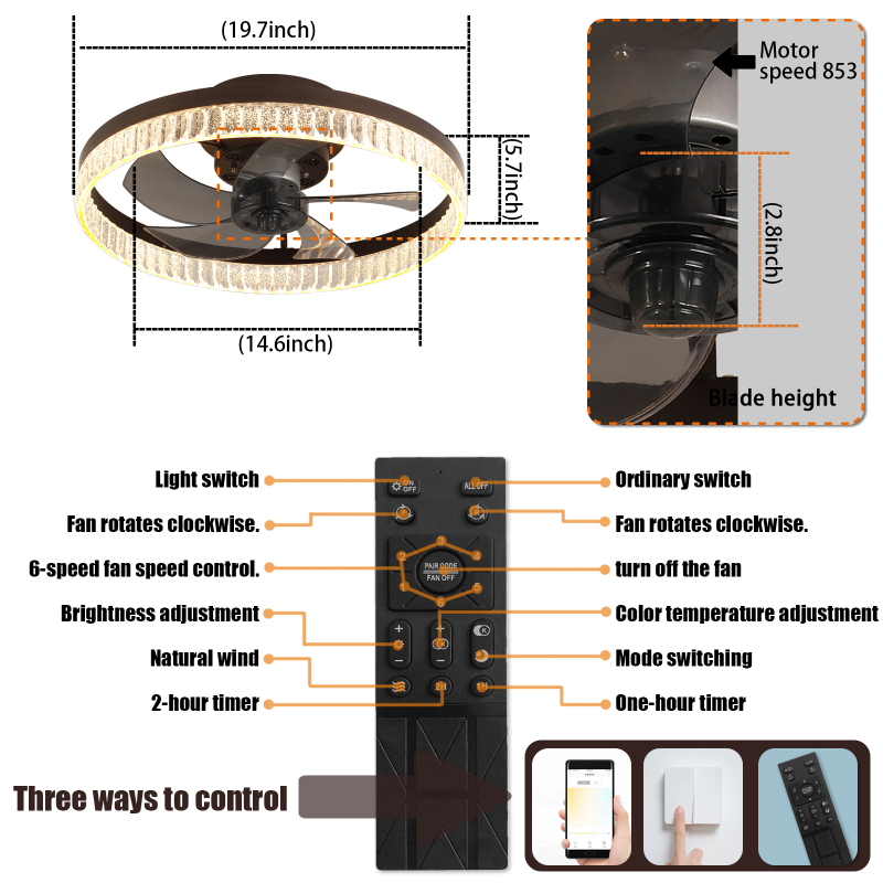 Minimalist modern ceiling fan with light and remote control, dimmable LED ceiling fan, 6-speed, timing reversible blades, modern ceiling light for bedroom nursery with remote control