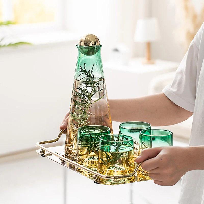 Yellow and Green Gradient Glass Carafe Set with Tray