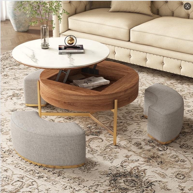 Lift Top Extendable 3 Legs Nesting Coffee Table with Storage 3 Stools Included
