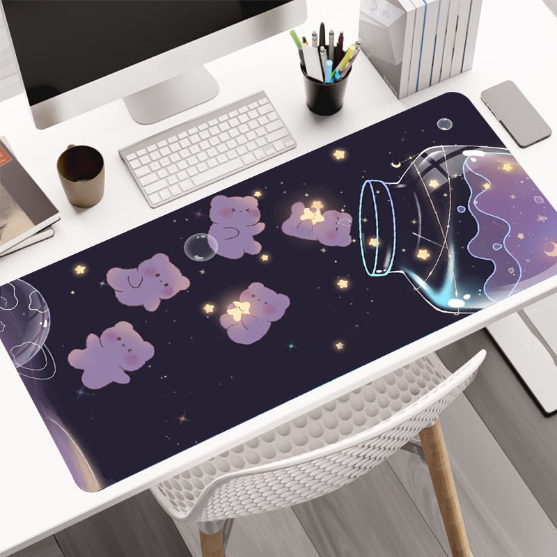 2pc Large Gaming Mousepad Starry Glass Bear Design Anti-Slip Natural Rubber HD Keyboard Pad Desk Mat for Office and Home Use