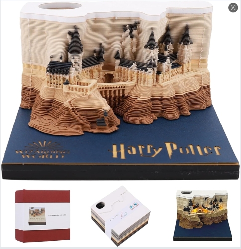 Port Super 3D Castle Art Calendar - Extra-large wooden desktop memo, featuring DIY notes, glow-in-the-dark castle replica, pen holder and bookmarks - Unique gift for adults, for Christmas,