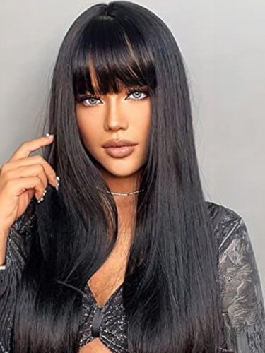 Long Black Wigs for Women,Natural Black Wigs with Bangs Layered Shoulder Length Synthetic Wig for Daily Party (24 inch)