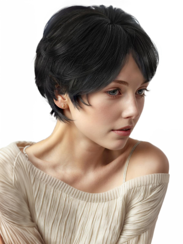 8 inch Straight Short Bob Hair Flat Bangs Cute Central Dot Skin Top Heat Resistant Synthetic Wigs (Natural Black)
