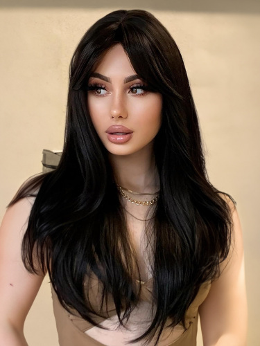 18inch Linen brown Wig With Bangs Long Wavy Curly Glueless Fringe Unit Heat Resistant Synthetic Middle Part Full Machine Made No Lace Scalp Wig Costume Cosplay Hair Replacement Wig Girls Daily Use