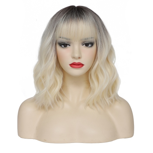 Short Bob Wavy Wig with Bangs for Women Loose Curly Shoulder Length Synthetic Cosplay Wig Bob for Girl Colorful Costume Wigs