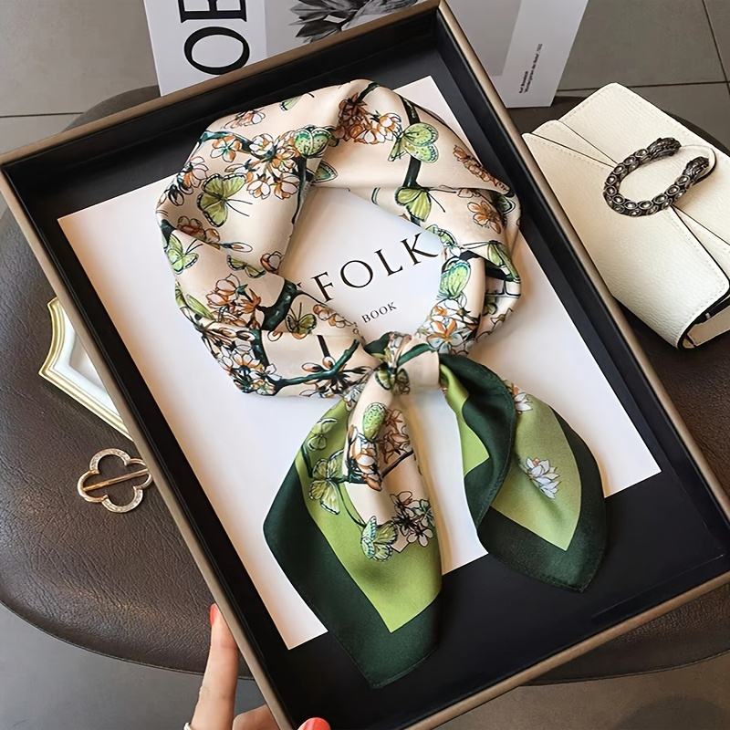 27.5" Green Floral Print Square Scarf – Lightweight Simulated Silk Kerchief, Elegant Sun Protection Head Wrap for Women
