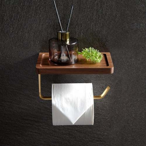 Kissena Modern Brass Toilet Paper Holder with Wooden Shelf