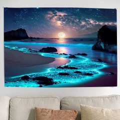 Enchanting Blue Sea & Moon Tapestry - Polyester Wall Hanging for Bedroom, Dorm Decor | Includes Free Accessories