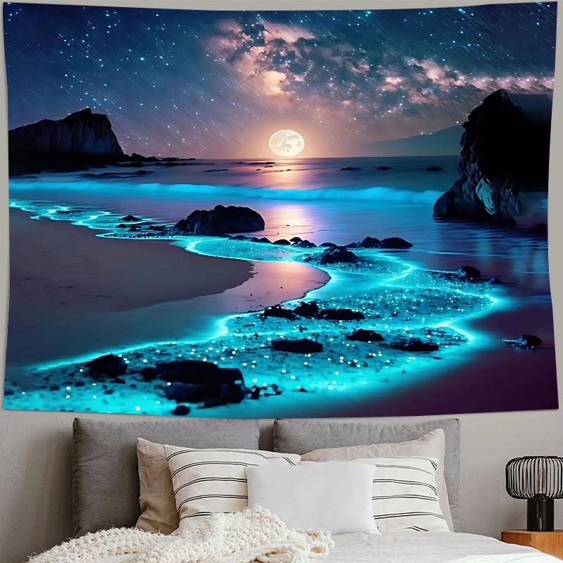 Enchanting Blue Sea & Moon Tapestry - Polyester Wall Hanging for Bedroom, Dorm Decor | Includes Free Accessories