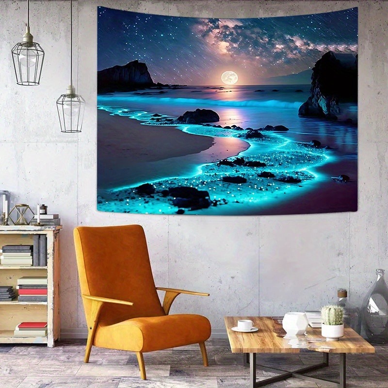 Enchanting Blue Sea & Moon Tapestry - Polyester Wall Hanging for Bedroom, Dorm Decor | Includes Free Accessories