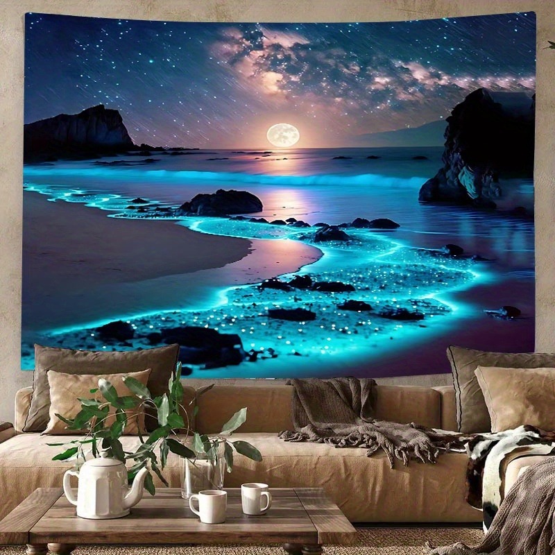 Enchanting Blue Sea & Moon Tapestry - Polyester Wall Hanging for Bedroom, Dorm Decor | Includes Free Accessories