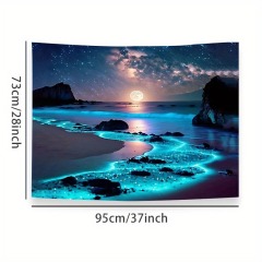Enchanting Blue Sea & Moon Tapestry - Polyester Wall Hanging for Bedroom, Dorm Decor | Includes Free Accessories